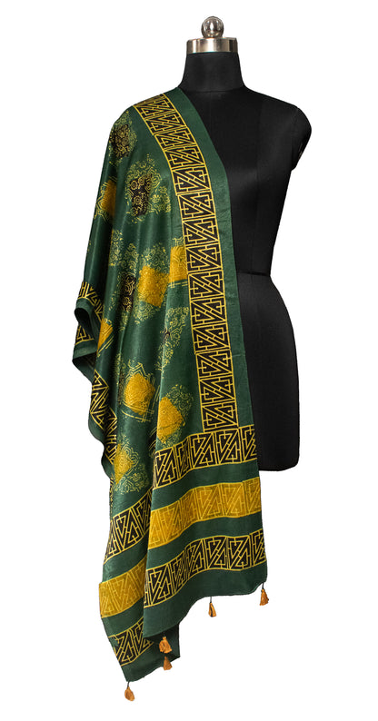 Ajrakh Mashru Silk Natural Dye Hand Block Print Stole With Tassels     -  SKU : MS19701F