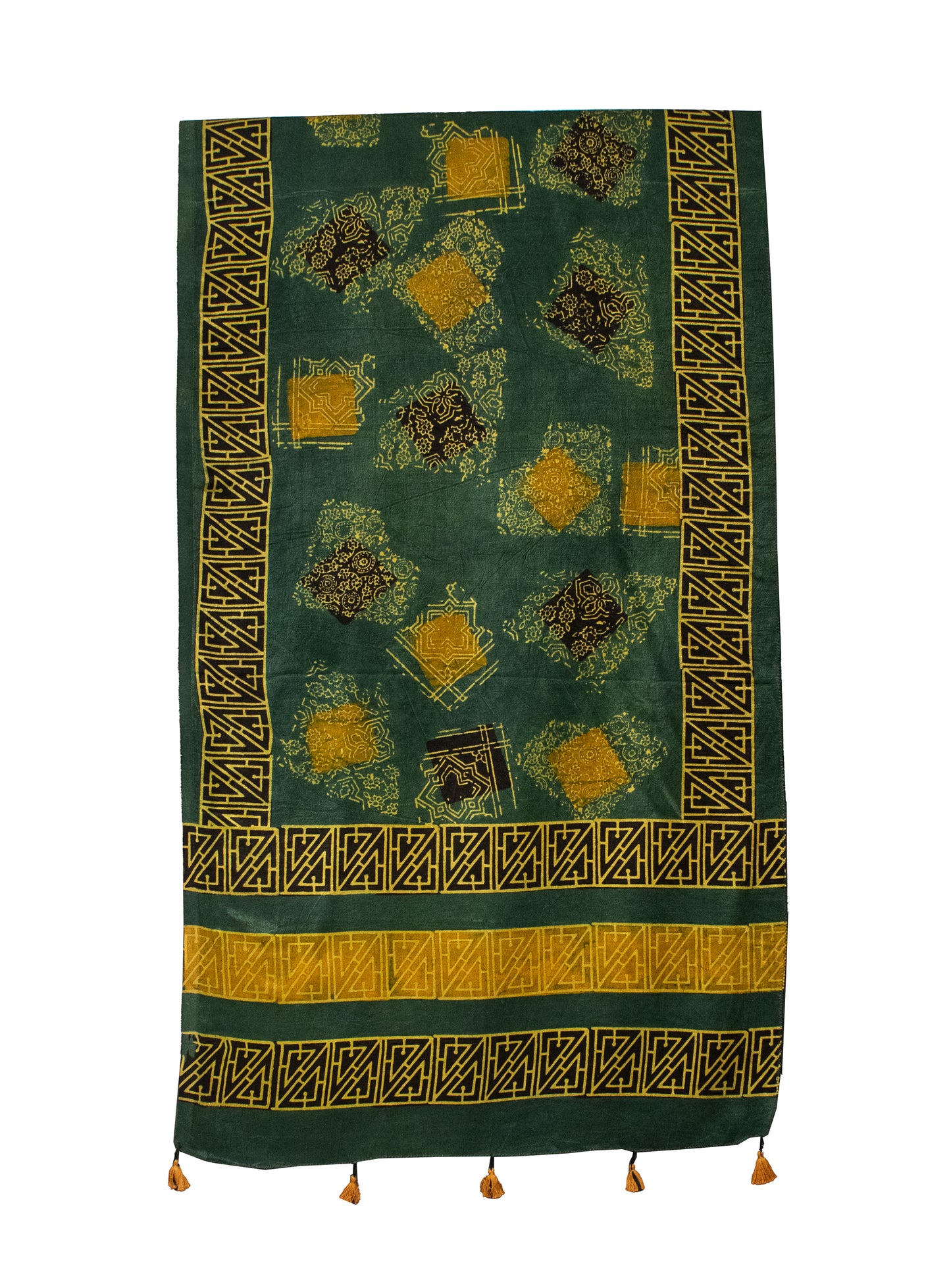 Ajrakh Mashru Silk Natural Dye Hand Block Print Stole With Tassels - 2 Mtr Length    -  SKU : MS19701F