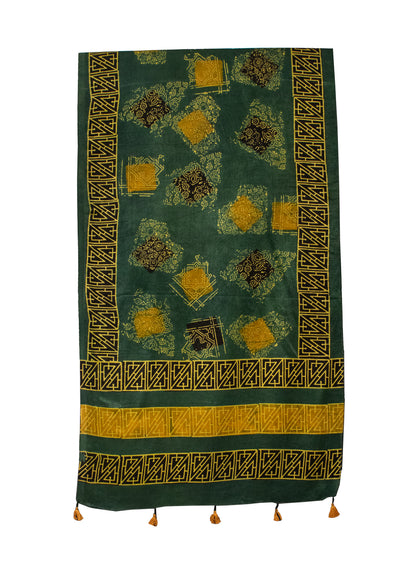 Ajrakh Mashru Silk Natural Dye Hand Block Print Stole With Tassels - 2 Mtr Length    -  SKU : MS19701F