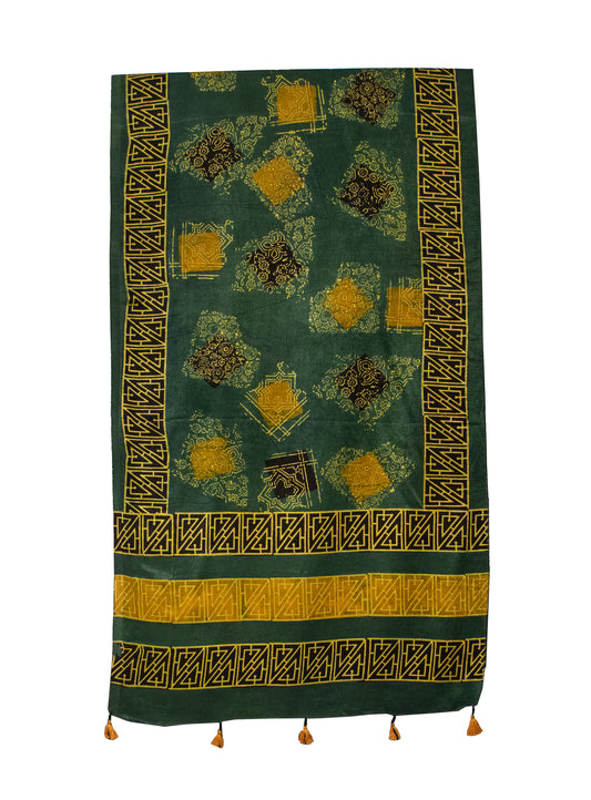 Ajrakh Mashru Silk Natural Dye Hand Block Print Stole With Tassels - 2 Mtr Length    -  SKU : MS19701F