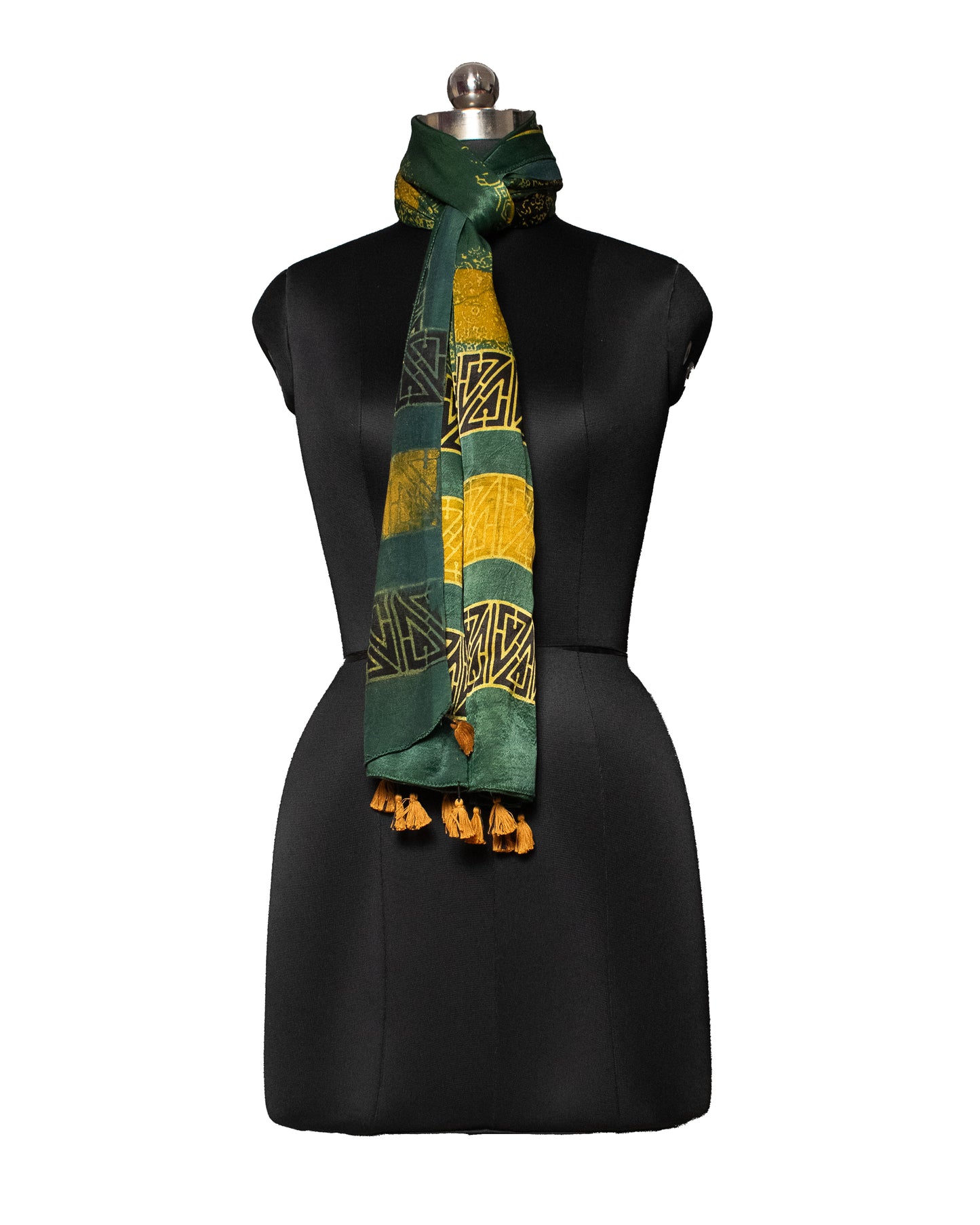 Ajrakh Mashru Silk Natural Dye Hand Block Print Stole With Tassels - 2 Mtr Length    -  SKU : MS19701F
