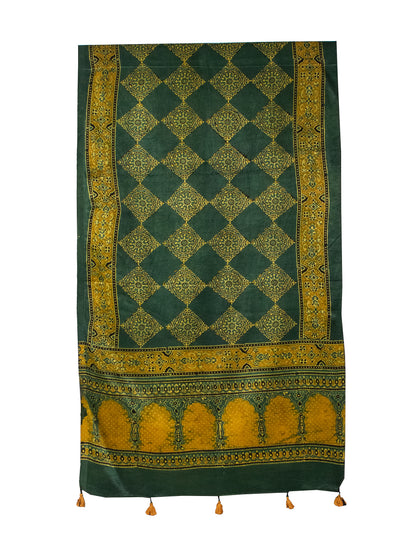 Ajrakh Mashru Silk Natural Dye Hand Block Print Stole With Tassels     -  SKU : MS19701G