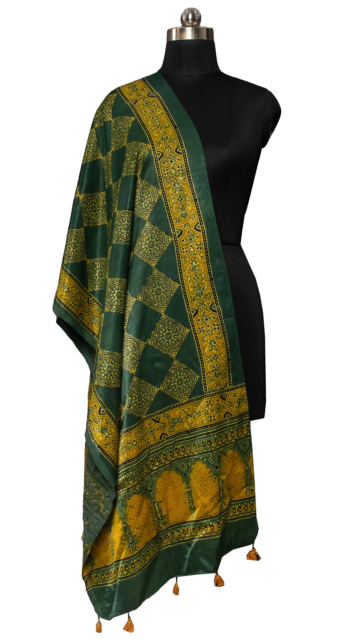 Ajrakh Mashru Silk Natural Dye Hand Block Print Stole With Tassels     -  SKU : MS19701G