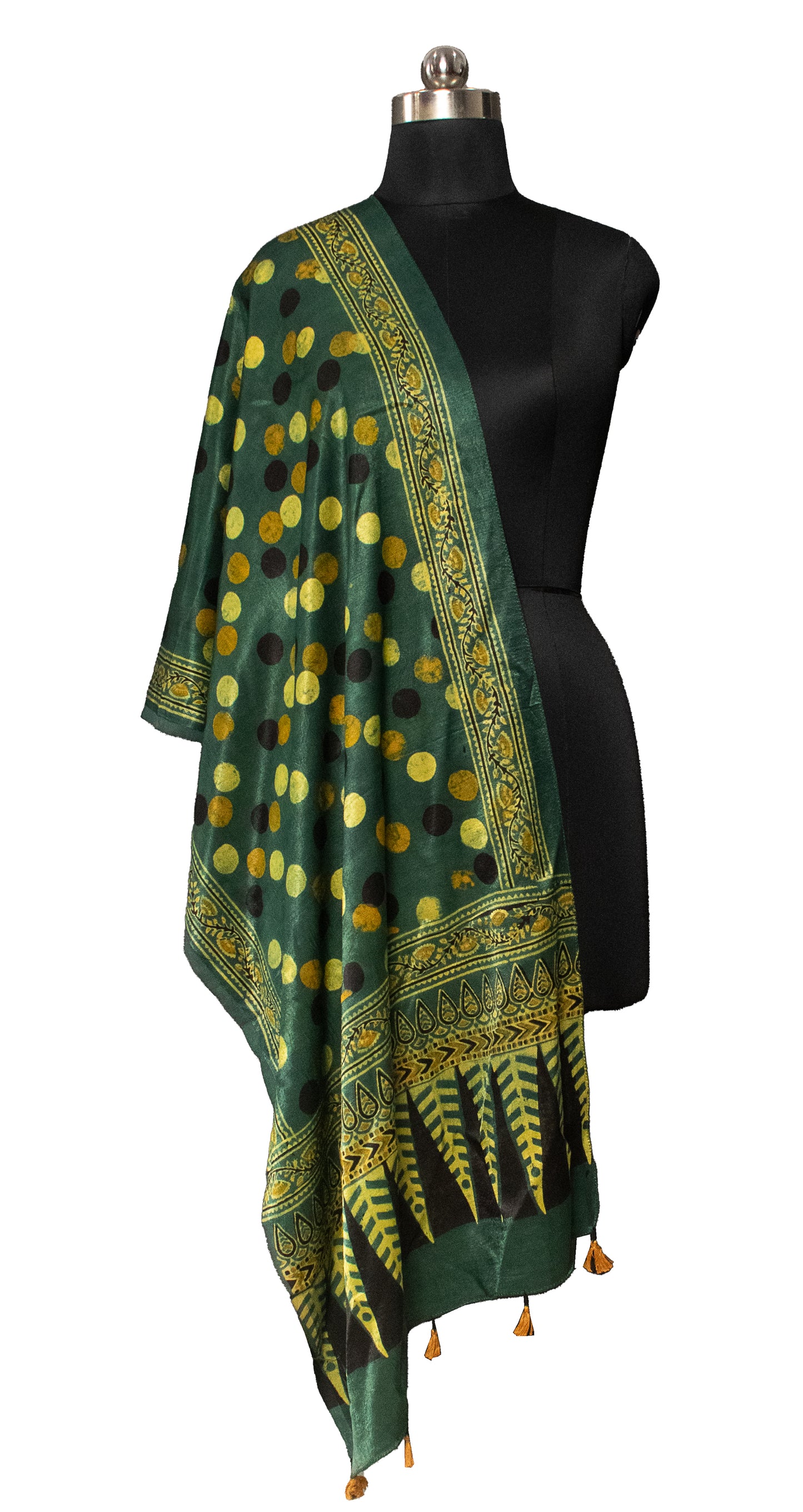 Ajrakh Mashru Silk Natural Dye Hand Block Print Stole With Tassels     -  SKU : MS19701J