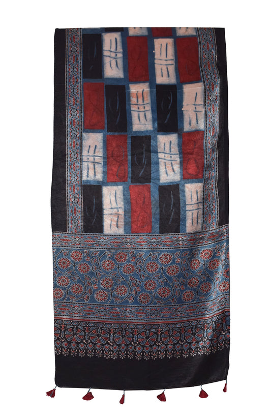 Ajrakh Mashru Silk Natural Dye Hand Block Print Stole With Tassels - 2 Mtr Length    -  SKU : RD26201U