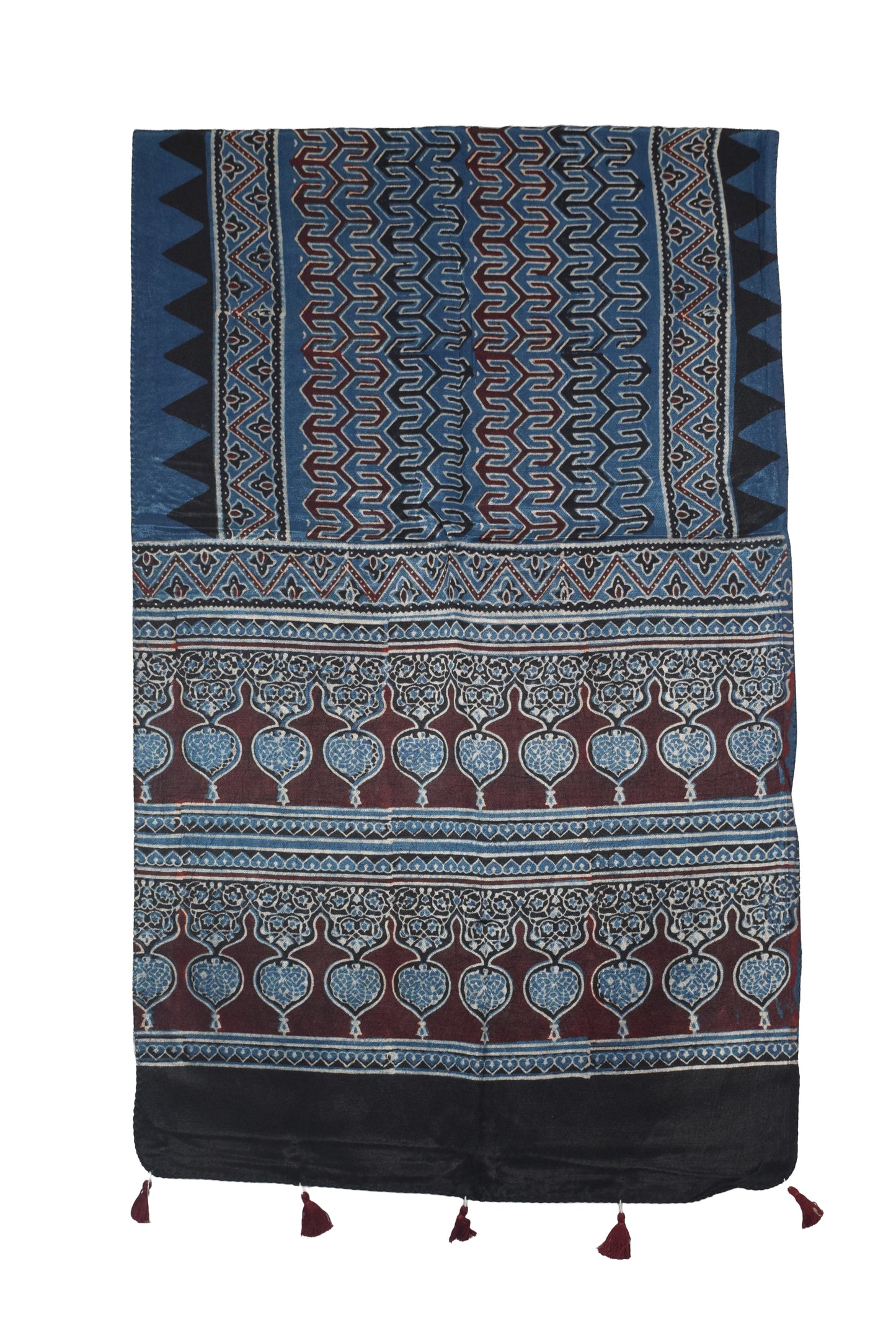 Ajrakh Mashru Silk Natural Dye Hand Block Print Stole With Tassels - 2 Mtr Length   -  SKU : AI07701D
