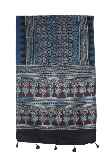 Ajrakh Mashru Silk Natural Dye Hand Block Print Stole With Tassels - 2 Mtr Length   -  SKU : AI07701D