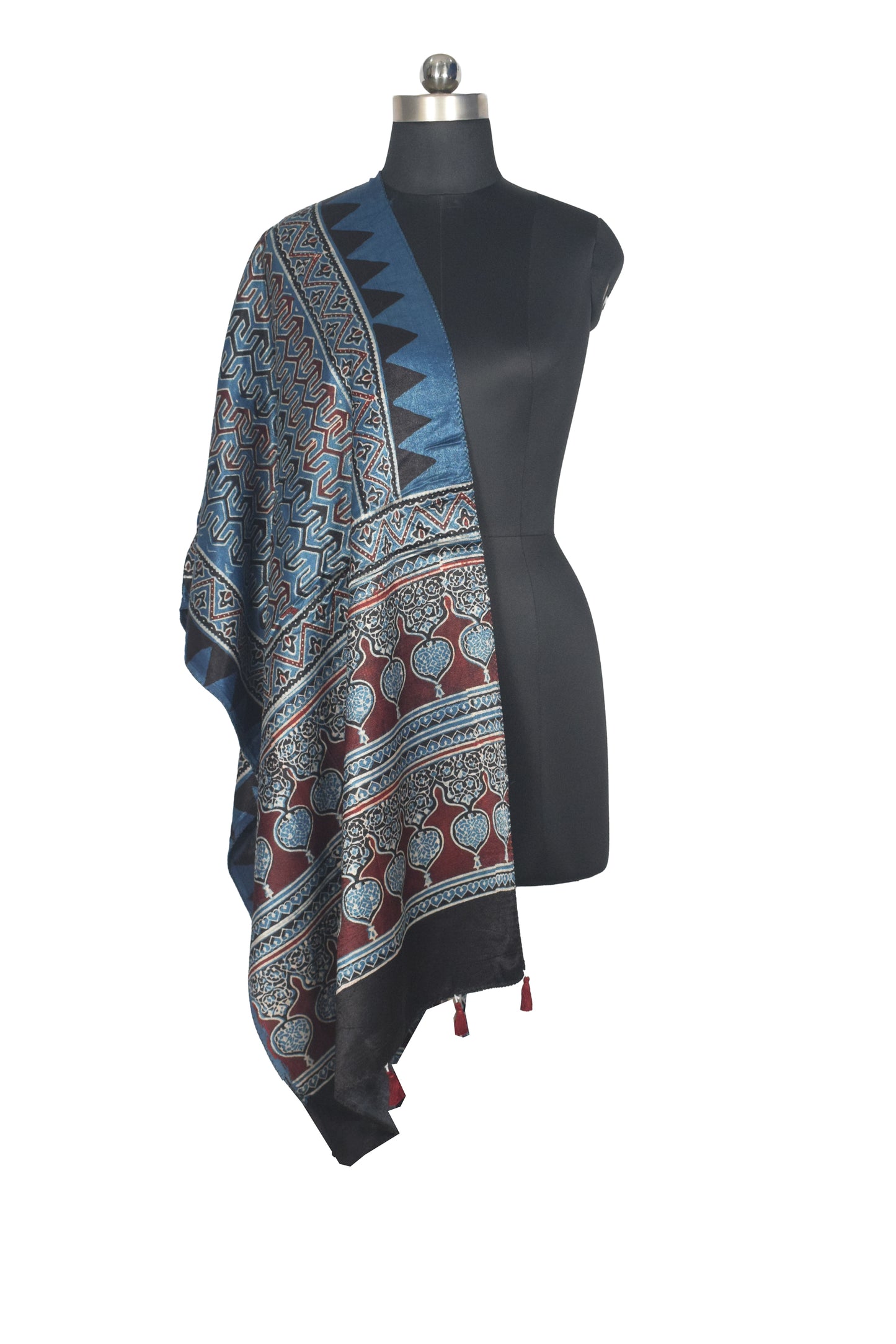 Ajrakh Mashru Silk Natural Dye Hand Block Print Stole With Tassels - 2 Mtr Length   -  SKU : AI07701D