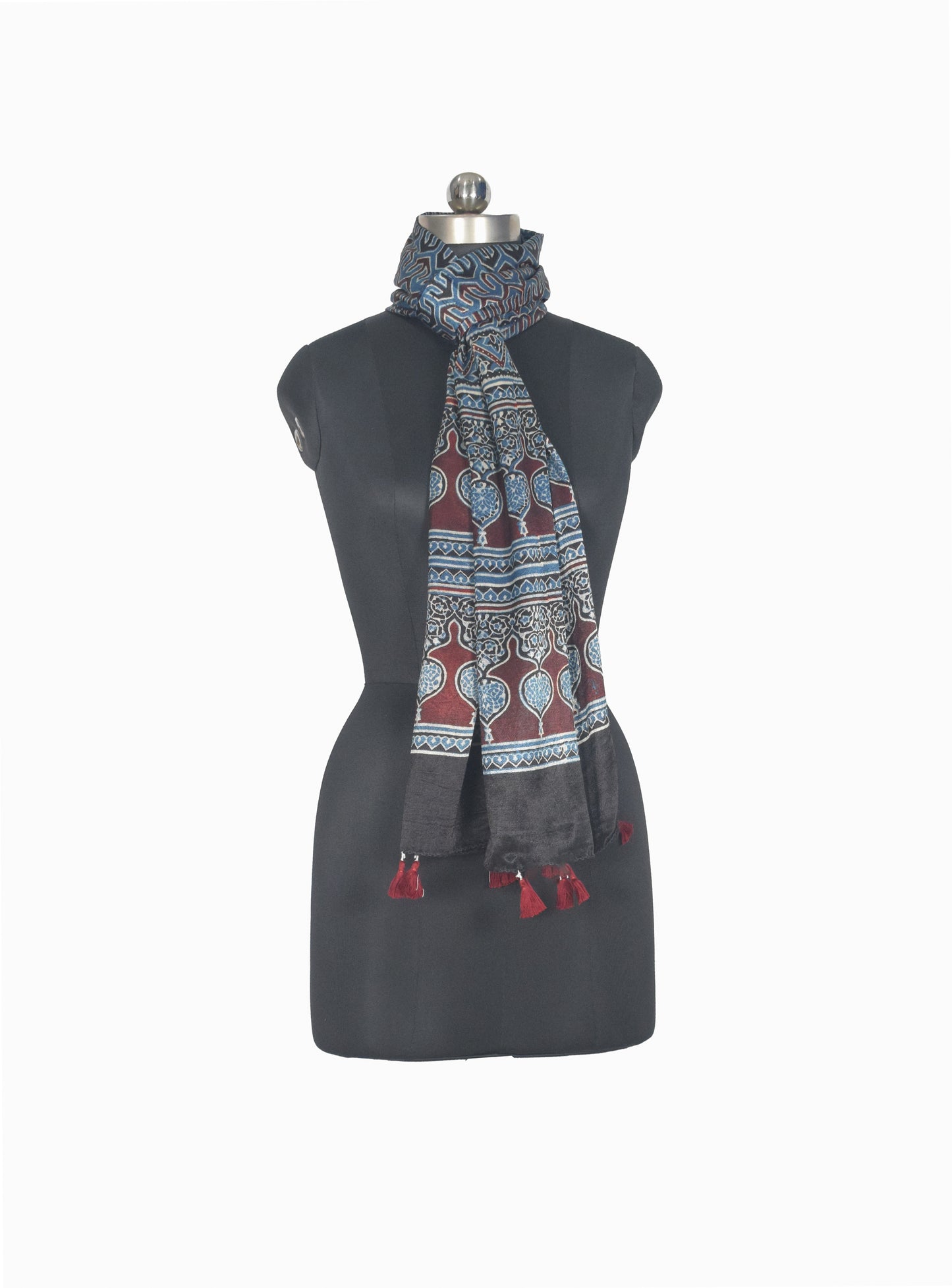 Ajrakh Mashru Silk Natural Dye Hand Block Print Stole With Tassels - 2 Mtr Length   -  SKU : AI07701D
