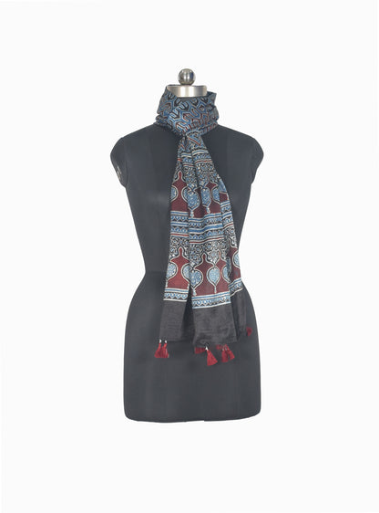 Ajrakh Mashru Silk Natural Dye Hand Block Print Stole With Tassels - 2 Mtr Length   -  SKU : AI07701D