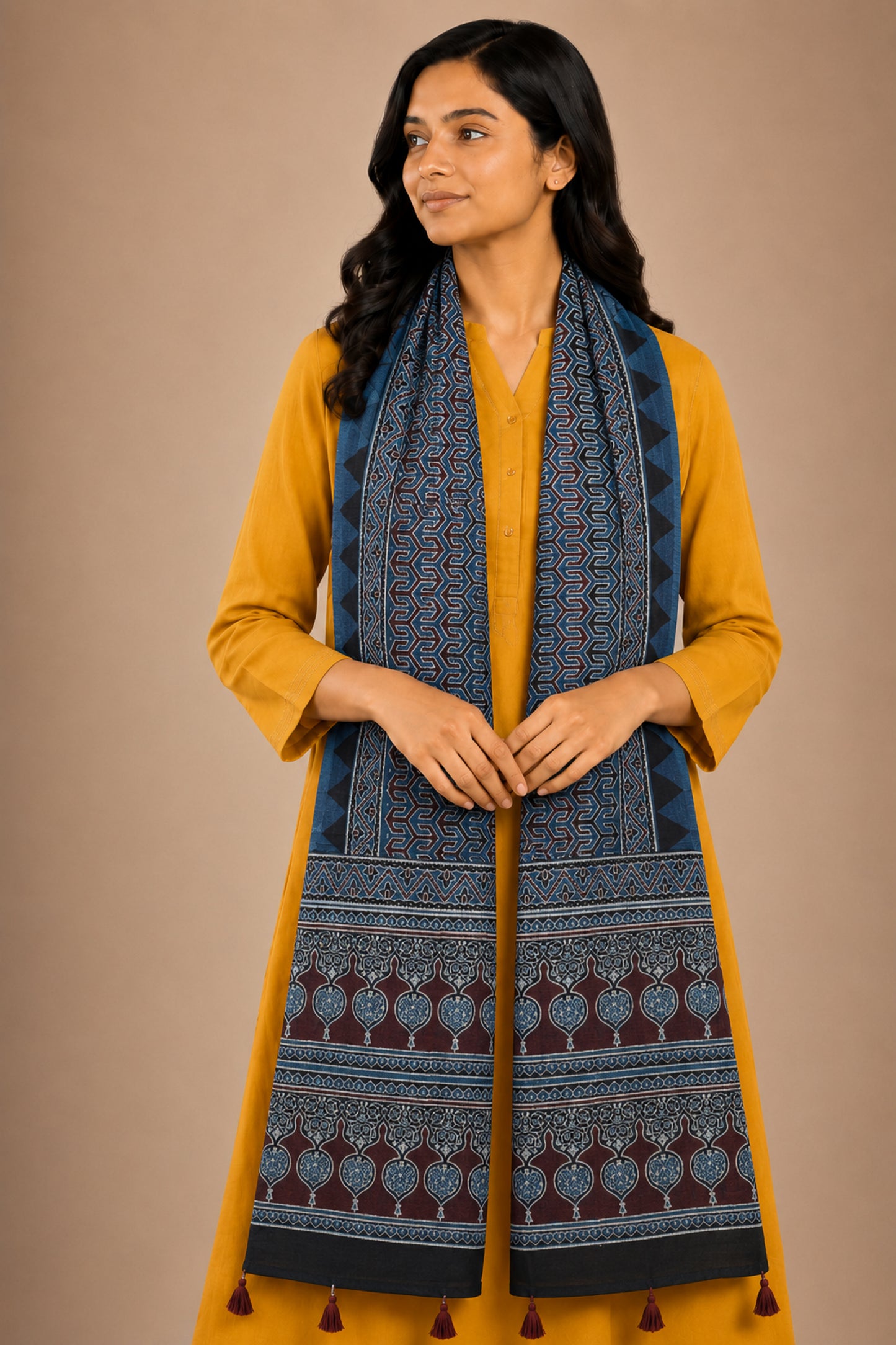 Ajrakh Mashru Silk Natural Dye Hand Block Print Stole With Tassels - 2 Mtr Length   -  SKU : AI07701D