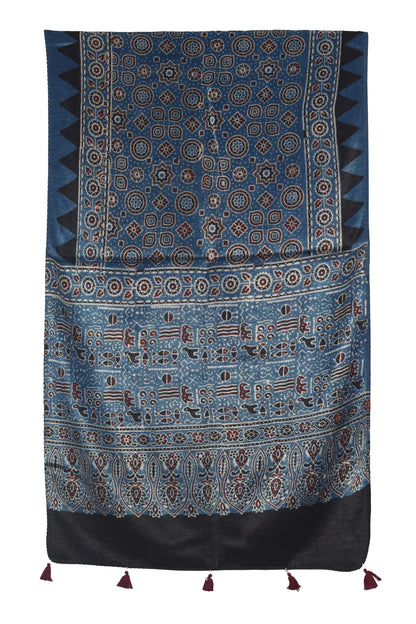 Ajrakh Mashru Silk Natural Dye Hand Block Print Stole With Tassels - 2 Mtr Length   -  SKU : AI07701J