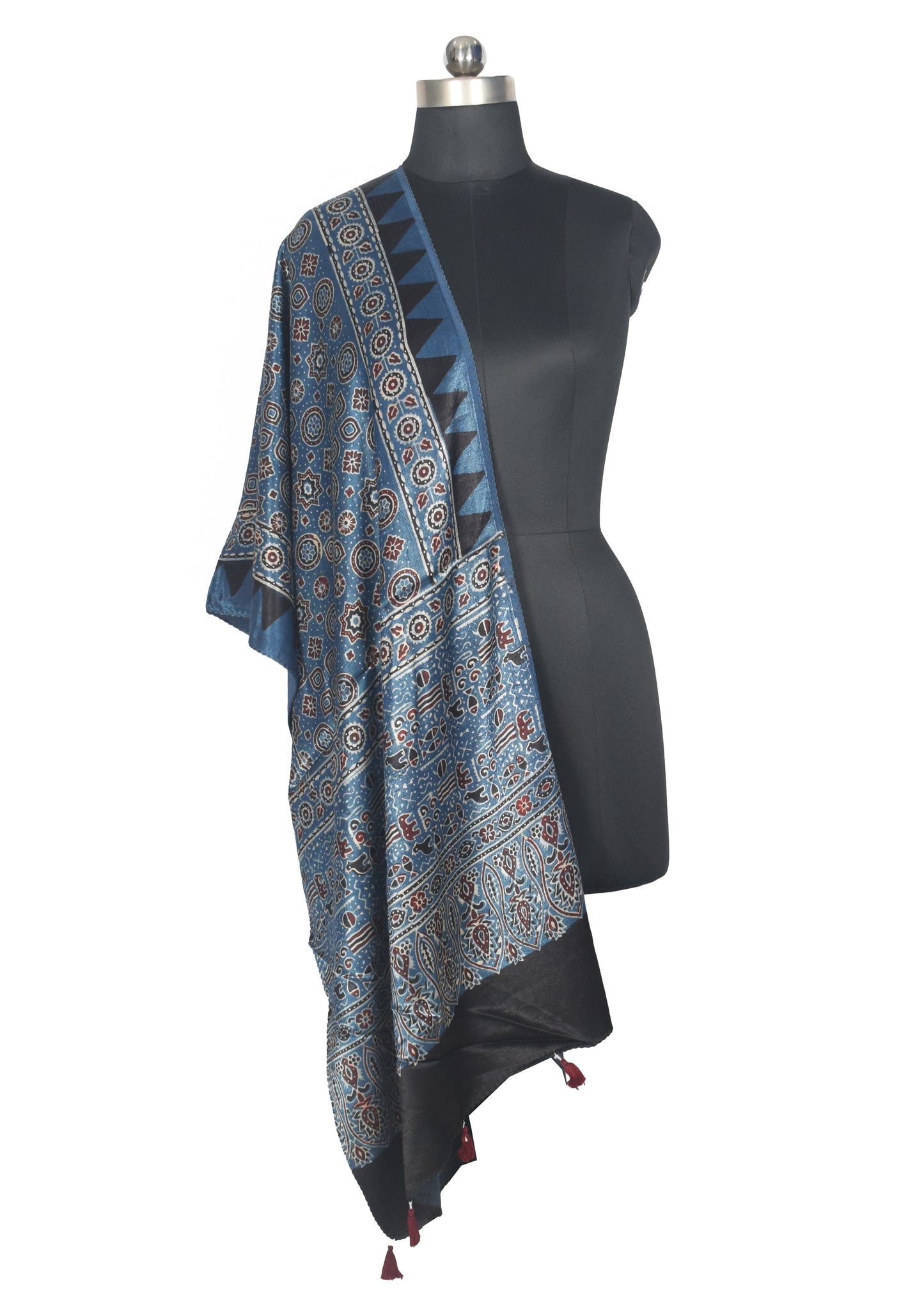 Ajrakh Mashru Silk Natural Dye Hand Block Print Stole With Tassels - 2 Mtr Length   -  SKU : AI07701J