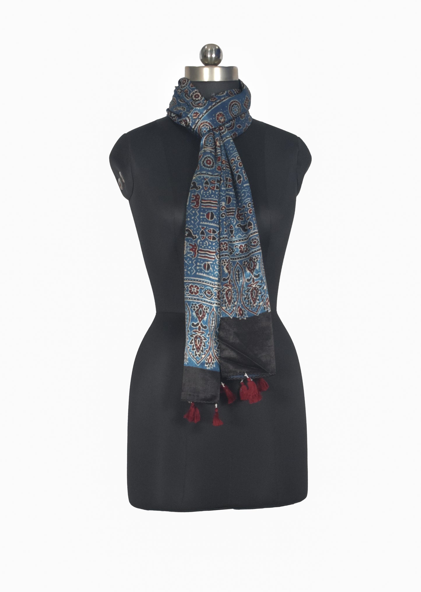 Ajrakh Mashru Silk Natural Dye Hand Block Print Stole With Tassels - 2 Mtr Length   -  SKU : AI07701J