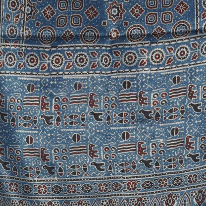 Ajrakh Mashru Silk Natural Dye Hand Block Print Stole With Tassels - 2 Mtr Length   -  SKU : AI07701J