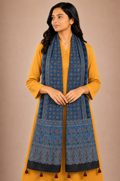 Ajrakh Mashru Silk Natural Dye Hand Block Print Stole With Tassels - 2 Mtr Length   -  SKU : AI07701J