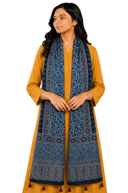 Ajrakh Mashru Silk Natural Dye Hand Block Print Stole With Tassels - 2 Mtr Length   -  SKU : AI07701P