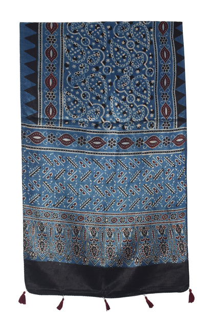 Ajrakh Mashru Silk Natural Dye Hand Block Print Stole With Tassels - 2 Mtr Length   -  SKU : AI07701P
