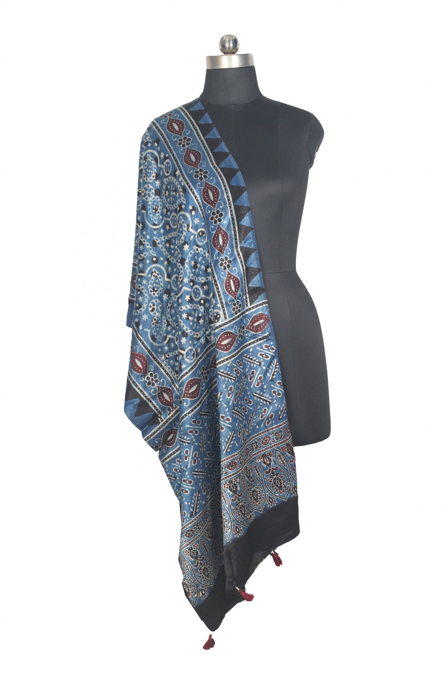 Ajrakh Mashru Silk Natural Dye Hand Block Print Stole With Tassels - 2 Mtr Length   -  SKU : AI07701P