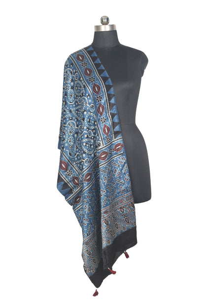 Ajrakh Mashru Silk Natural Dye Hand Block Print Stole With Tassels - 2 Mtr Length   -  SKU : AI07701P