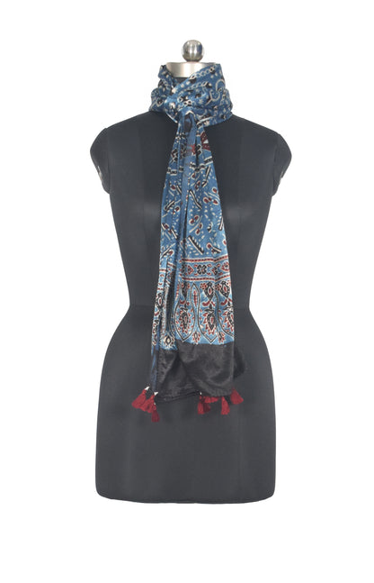 Ajrakh Mashru Silk Natural Dye Hand Block Print Stole With Tassels - 2 Mtr Length   -  SKU : AI07701P