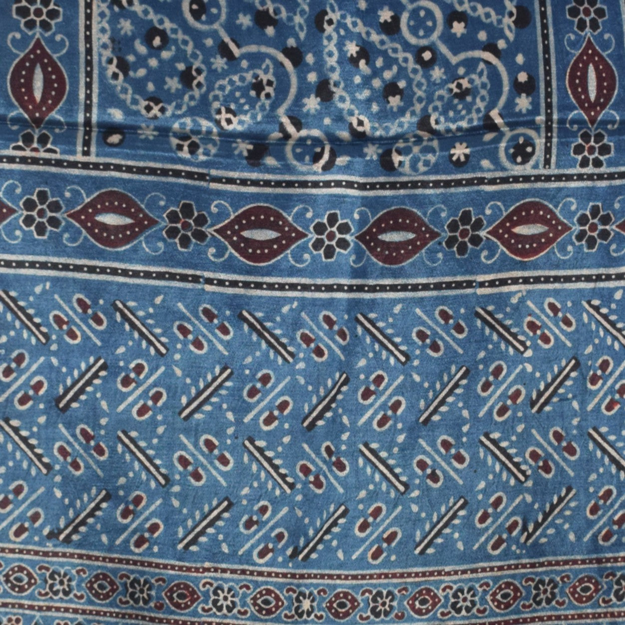 Ajrakh Mashru Silk Natural Dye Hand Block Print Stole With Tassels - 2 Mtr Length   -  SKU : AI07701P