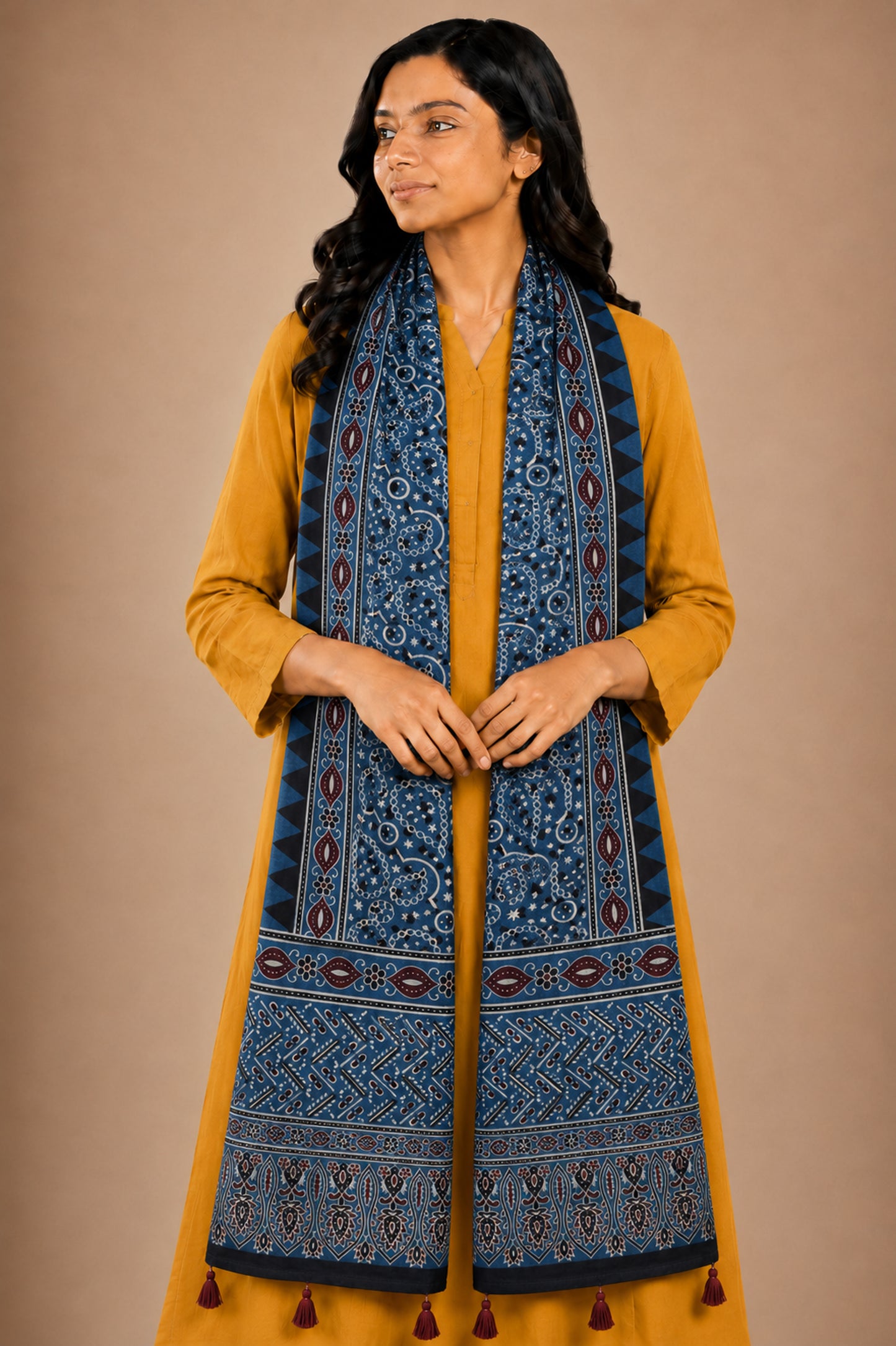 Ajrakh Mashru Silk Natural Dye Hand Block Print Stole With Tassels - 2 Mtr Length   -  SKU : AI07701P