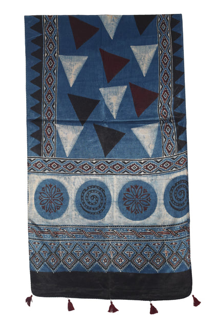 Ajrakh Mashru Silk Natural Dye Hand Block Print Stole With Tassels - 2 Mtr Length   -  SKU : AI07701V