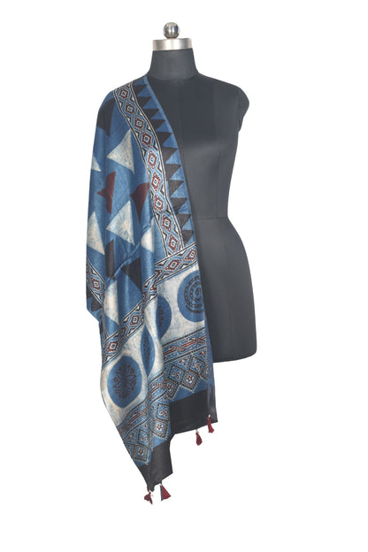 Ajrakh Mashru Silk Natural Dye Hand Block Print Stole With Tassels - 2 Mtr Length   -  SKU : AI07701V