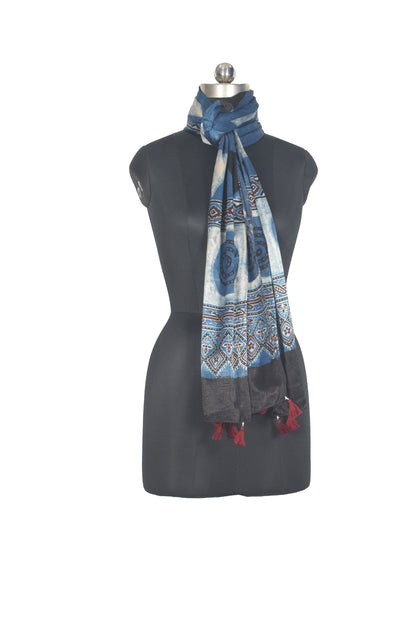 Ajrakh Mashru Silk Natural Dye Hand Block Print Stole With Tassels - 2 Mtr Length   -  SKU : AI07701V