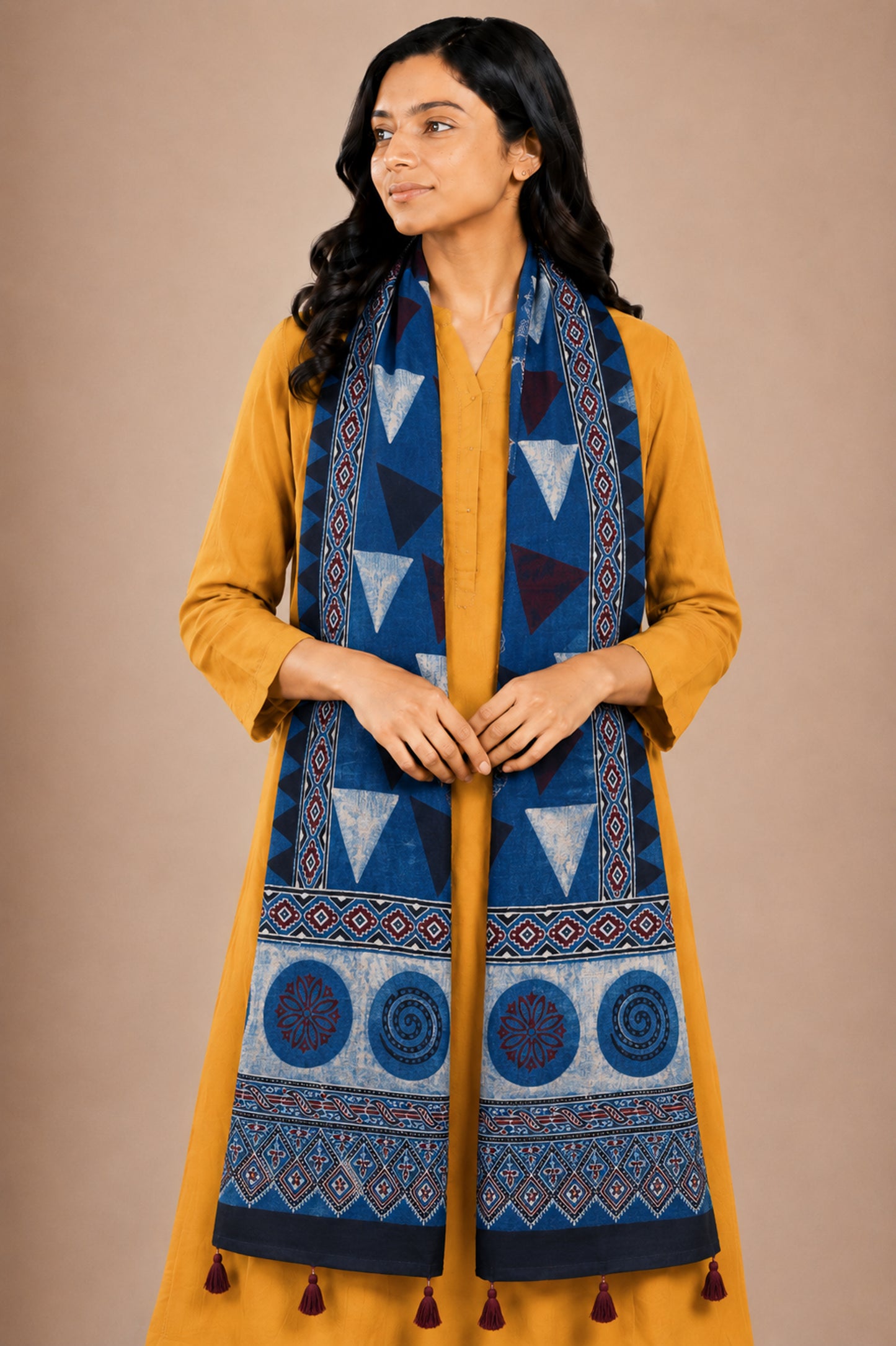 Ajrakh Mashru Silk Natural Dye Hand Block Print Stole With Tassels - 2 Mtr Length   -  SKU : AI07701V