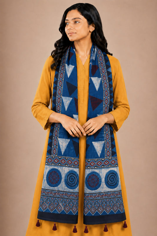 Ajrakh Mashru Silk Natural Dye Hand Block Print Stole With Tassels - 2 Mtr Length   -  SKU : AI07701V