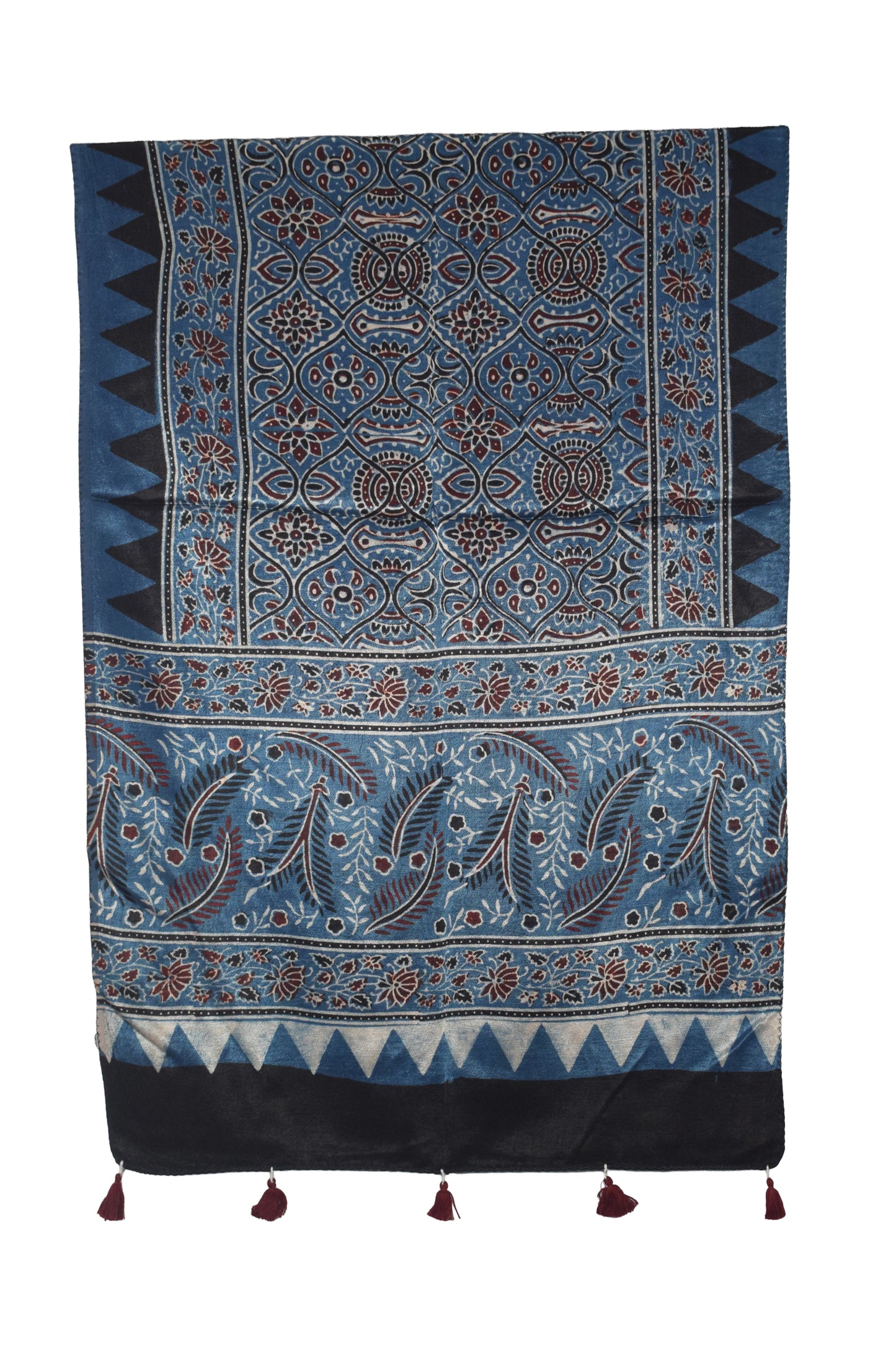 Ajrakh Mashru Silk Natural Dye Hand Block Print Stole With Tassels - 2 Mtr Length   -  SKU : AI0770AB
