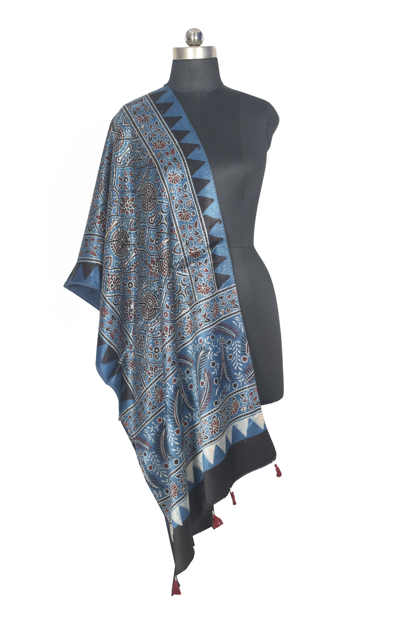 Ajrakh Mashru Silk Natural Dye Hand Block Print Stole With Tassels - 2 Mtr Length   -  SKU : AI0770AB