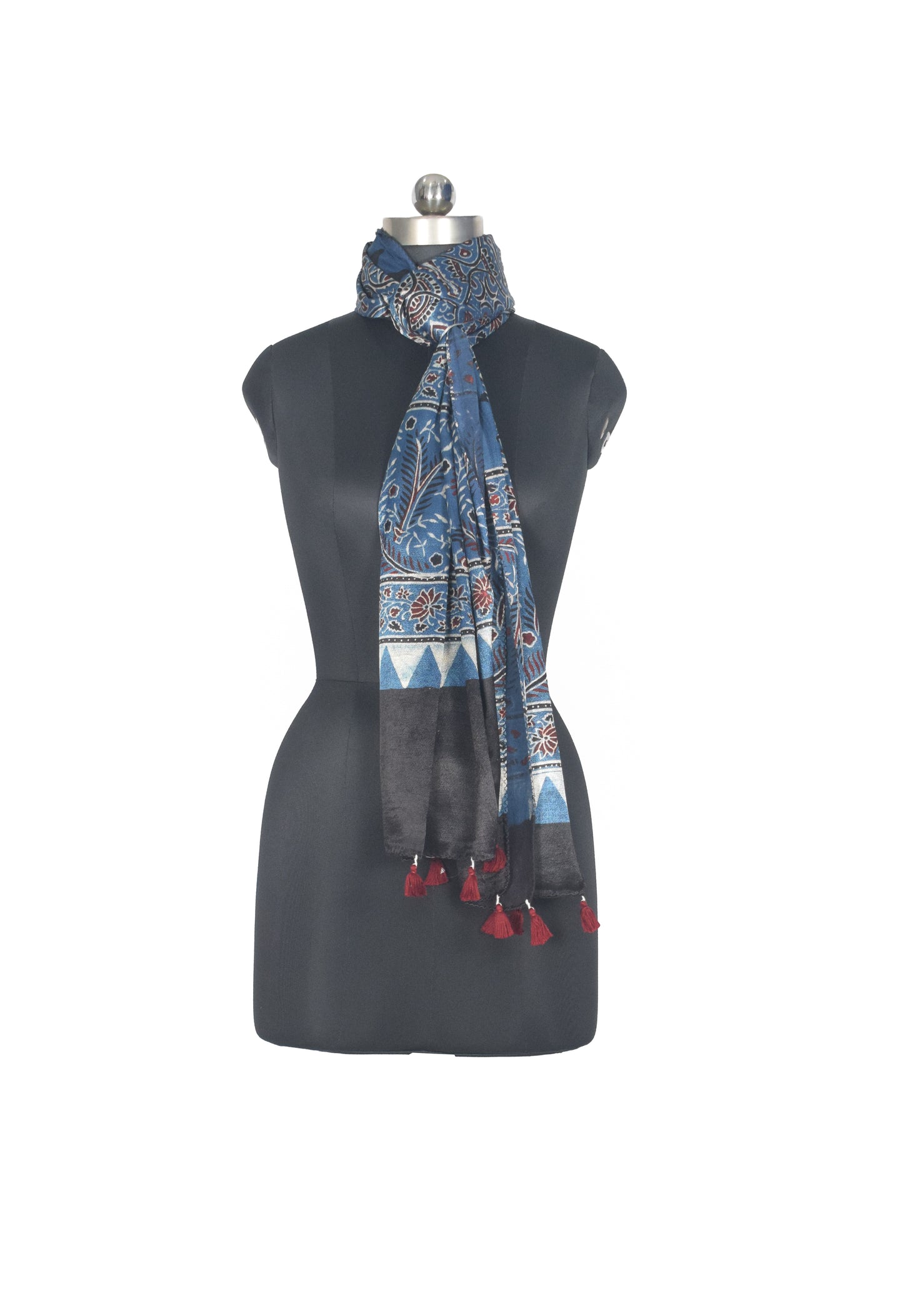 Ajrakh Mashru Silk Natural Dye Hand Block Print Stole With Tassels - 2 Mtr Length   -  SKU : AI0770AB