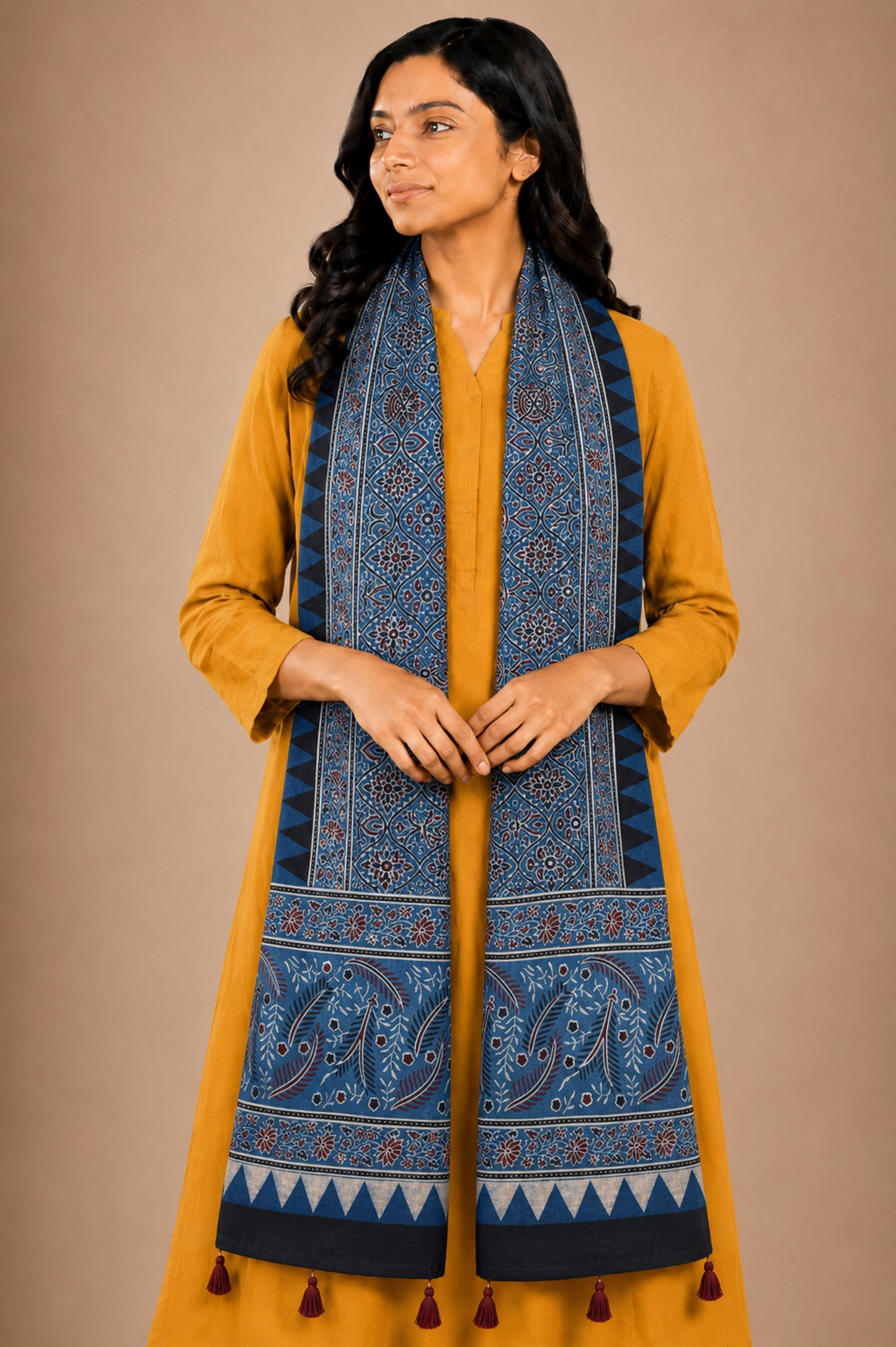 Ajrakh Mashru Silk Natural Dye Hand Block Print Stole With Tassels - 2 Mtr Length   -  SKU : AI0770AB