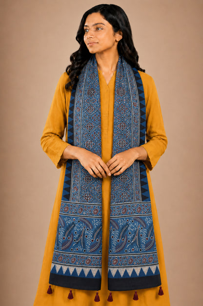 Ajrakh Mashru Silk Natural Dye Hand Block Print Stole With Tassels - 2 Mtr Length   -  SKU : AI0770AB