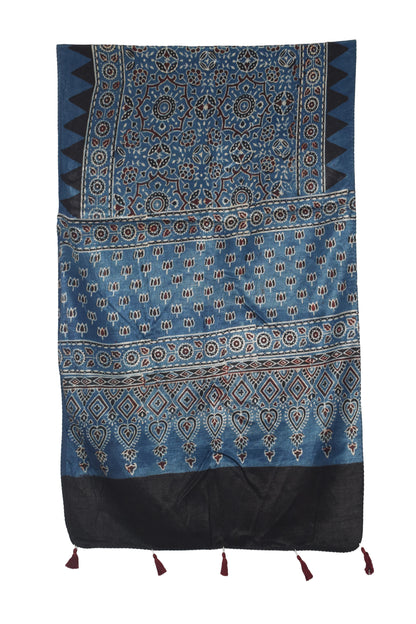 Ajrakh Mashru Silk Natural Dye Hand Block Print Stole With Tassels - 2 Mtr Length   -  SKU : AI0770AH