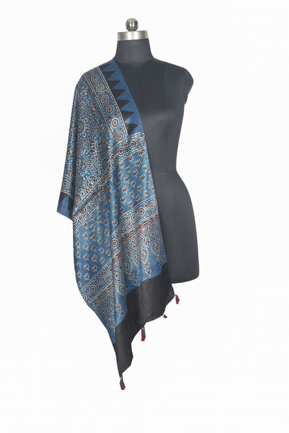 Ajrakh Mashru Silk Natural Dye Hand Block Print Stole With Tassels - 2 Mtr Length   -  SKU : AI0770AH