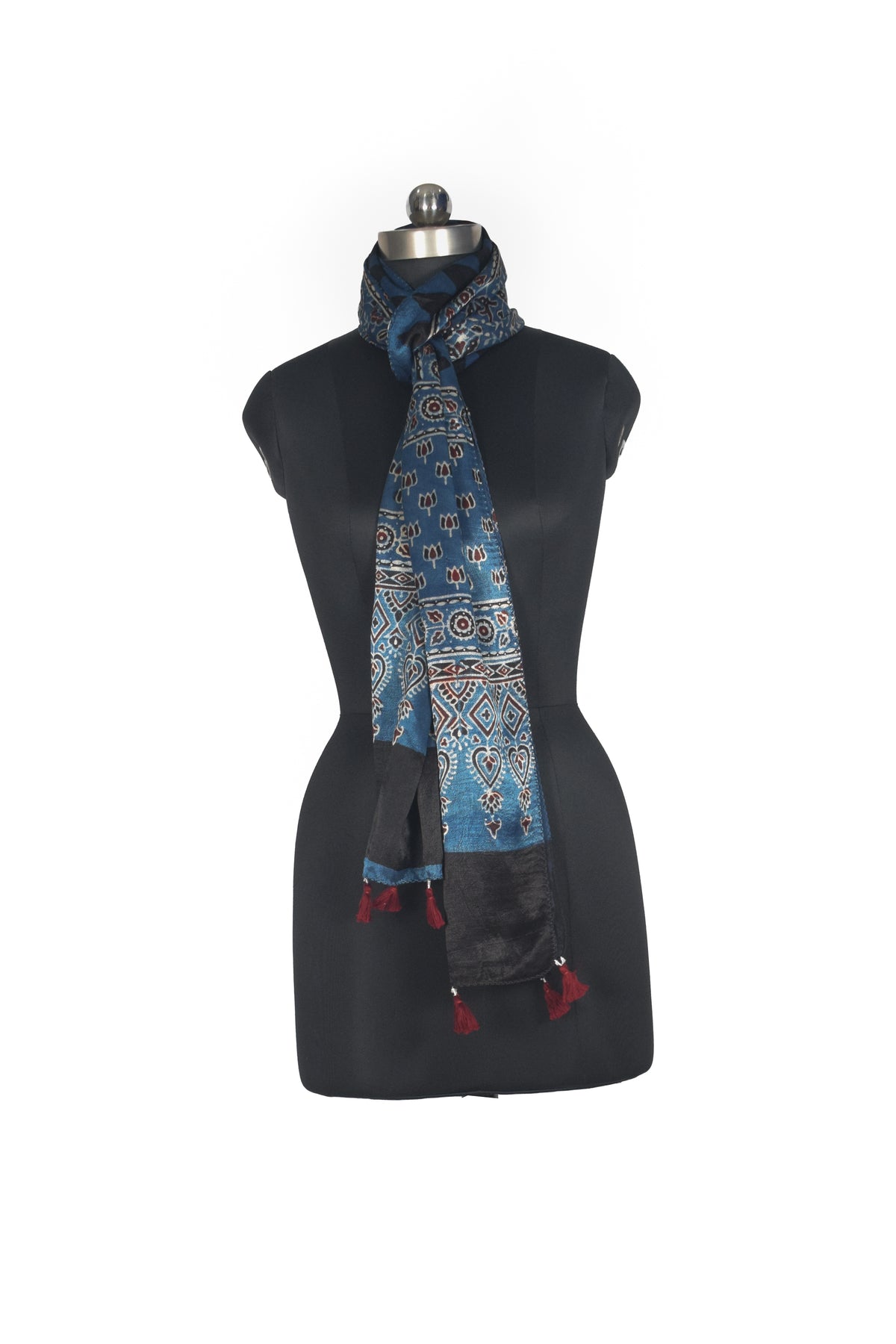 Ajrakh Mashru Silk Natural Dye Hand Block Print Stole With Tassels - 2 Mtr Length   -  SKU : AI0770AH
