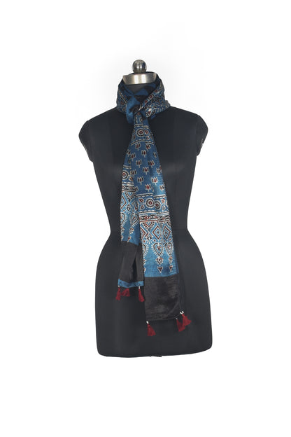 Ajrakh Mashru Silk Natural Dye Hand Block Print Stole With Tassels - 2 Mtr Length   -  SKU : AI0770AH