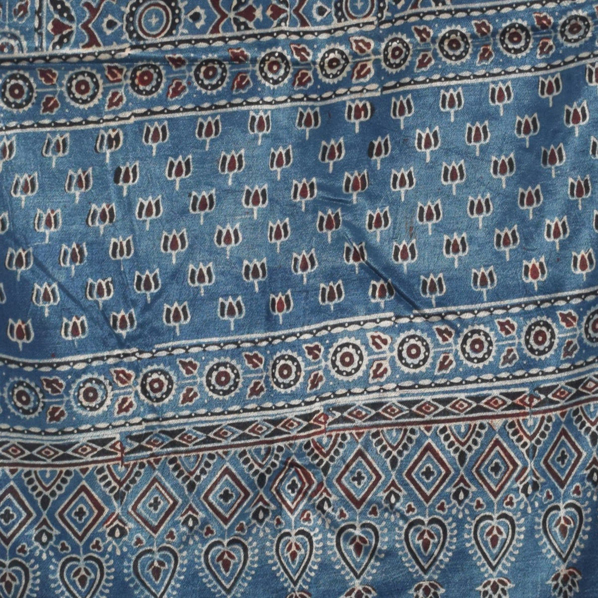 Ajrakh Mashru Silk Natural Dye Hand Block Print Stole With Tassels - 2 Mtr Length   -  SKU : AI0770AH