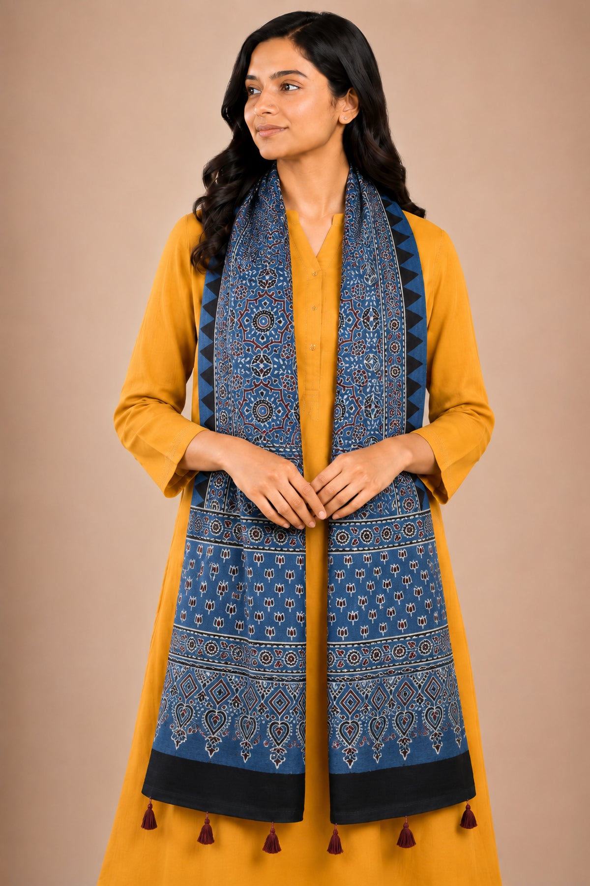 Ajrakh Mashru Silk Natural Dye Hand Block Print Stole With Tassels - 2 Mtr Length   -  SKU : AI0770AH