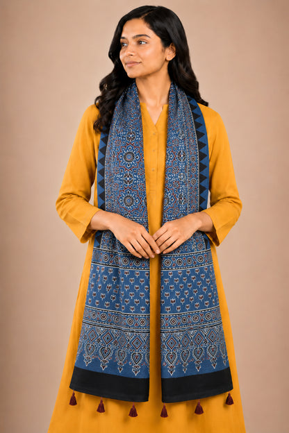 Ajrakh Mashru Silk Natural Dye Hand Block Print Stole With Tassels - 2 Mtr Length   -  SKU : AI0770AH