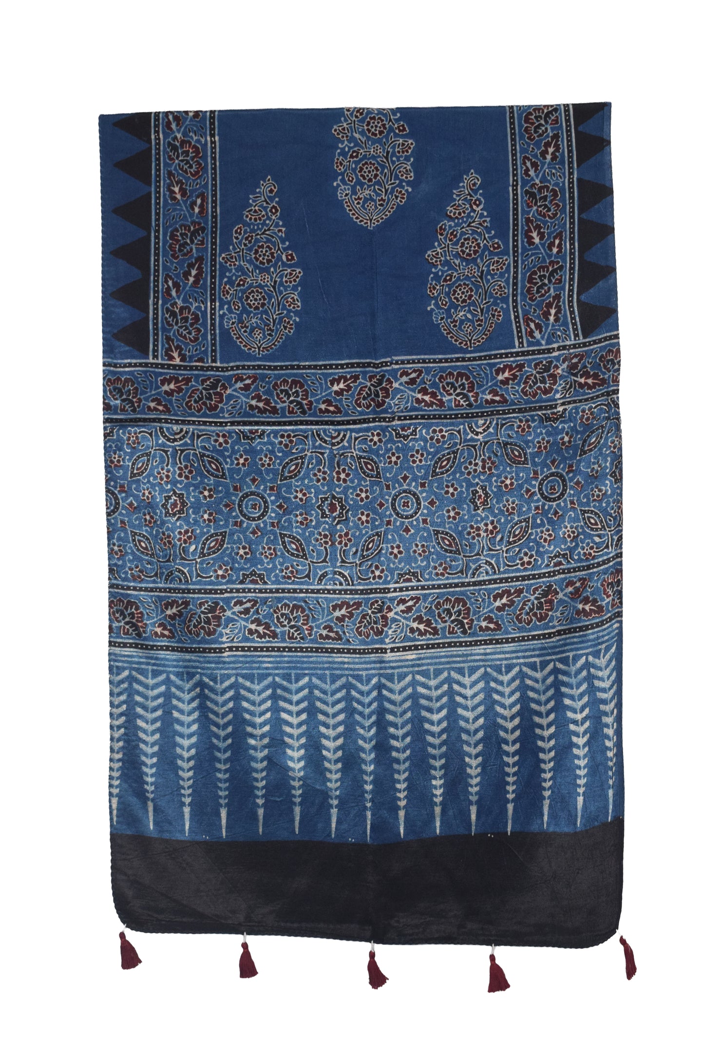 Ajrakh Mashru Silk Natural Dye Hand Block Print Stole With Tassels - 2 Mtr Length   -  SKU : AI0770AN