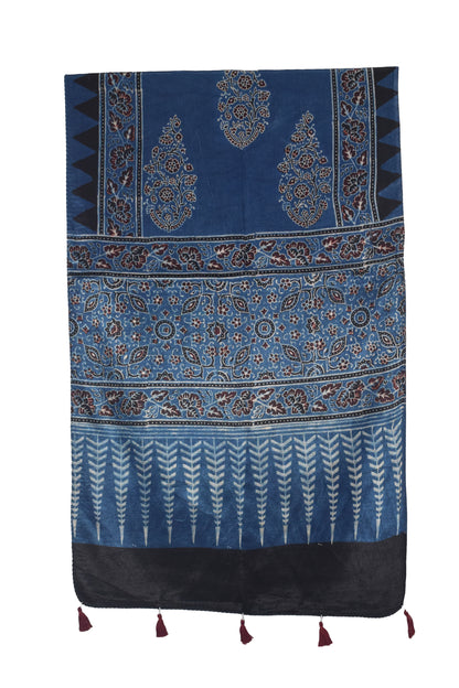 Ajrakh Mashru Silk Natural Dye Hand Block Print Stole With Tassels - 2 Mtr Length   -  SKU : AI0770AN