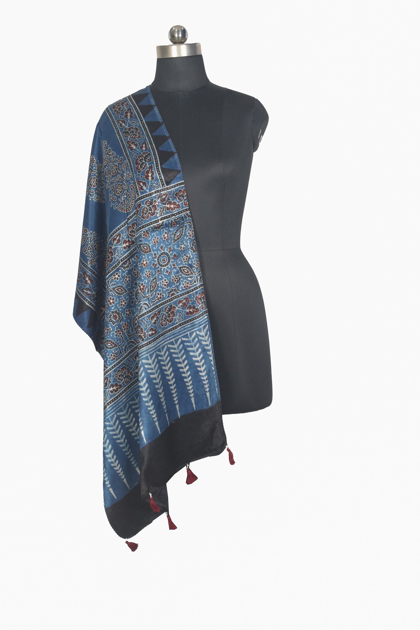 Ajrakh Mashru Silk Natural Dye Hand Block Print Stole With Tassels - 2 Mtr Length   -  SKU : AI0770AN