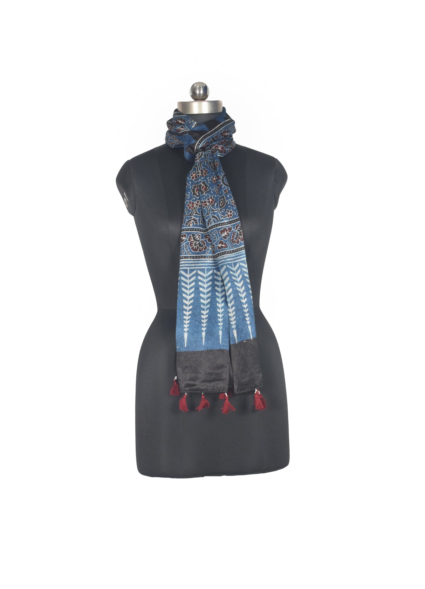 Ajrakh Mashru Silk Natural Dye Hand Block Print Stole With Tassels - 2 Mtr Length   -  SKU : AI0770AN