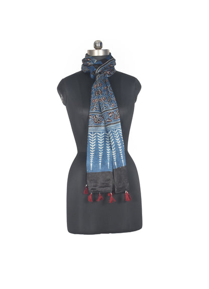 Ajrakh Mashru Silk Natural Dye Hand Block Print Stole With Tassels - 2 Mtr Length   -  SKU : AI0770AN