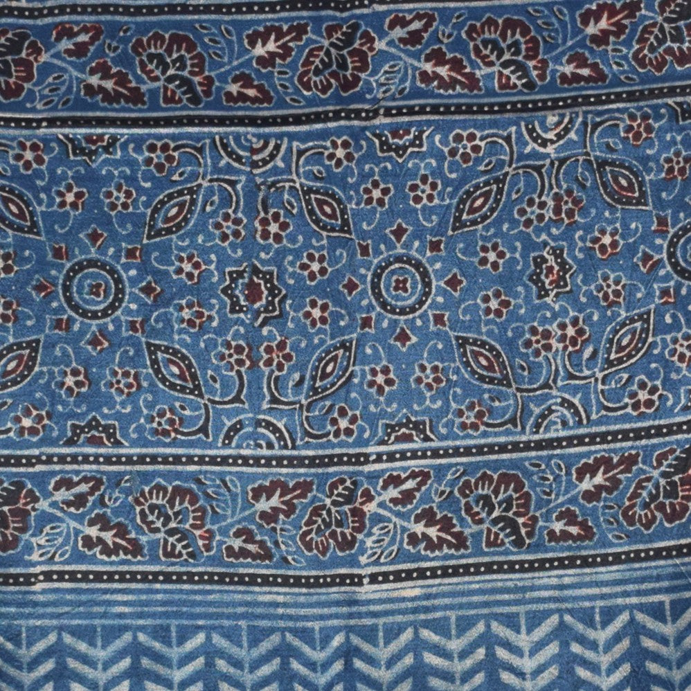 Ajrakh Mashru Silk Natural Dye Hand Block Print Stole With Tassels - 2 Mtr Length   -  SKU : AI0770AN